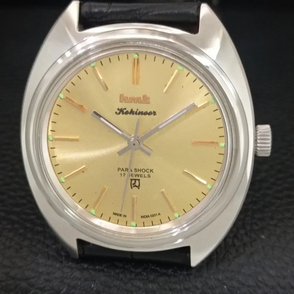 Vintage 1975 HMT Manual Wound Mens Silver Watch & Gold accents